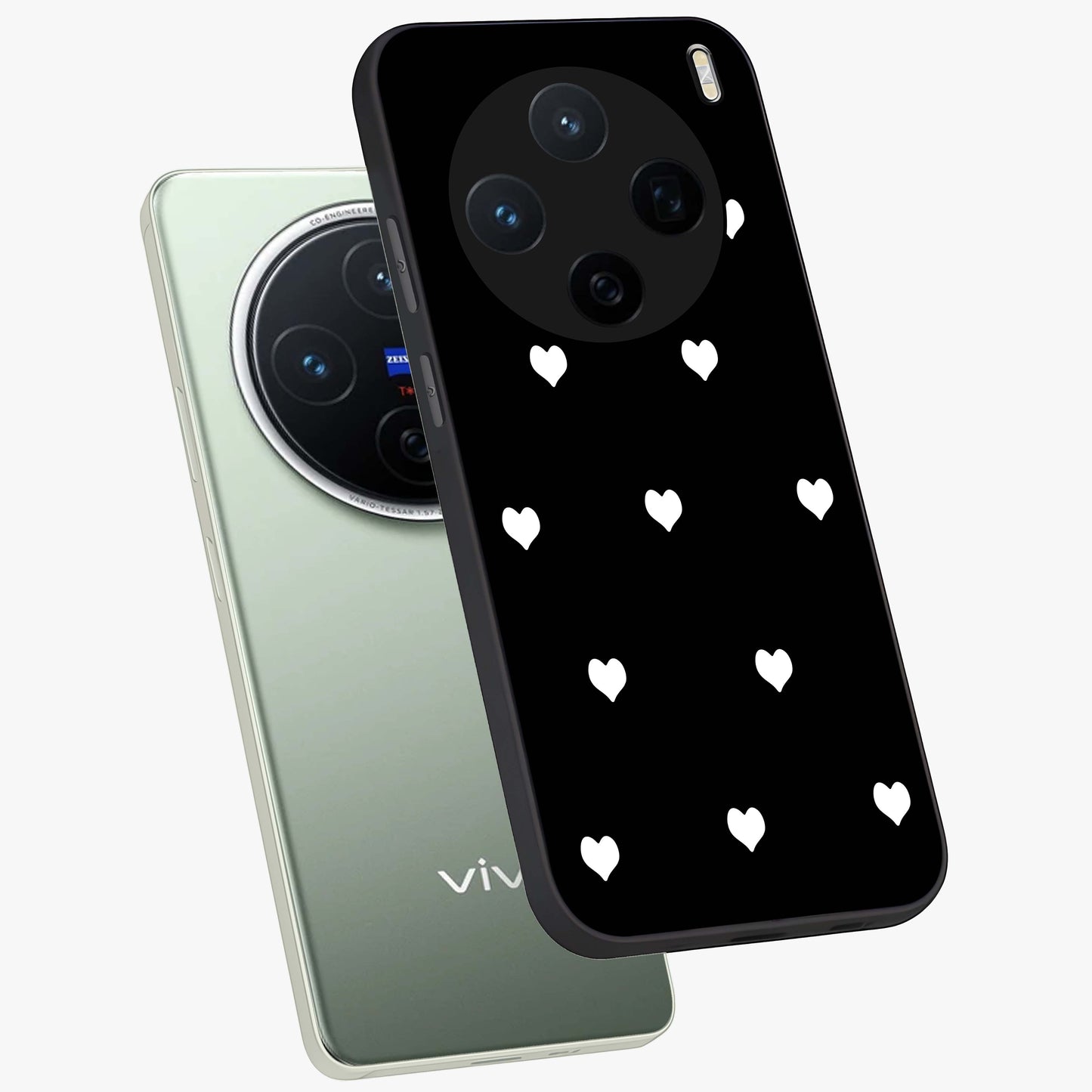 Cute And Simple White Hearts Glass Case displayed in angled mockup highlighting cute heart design with clean aesthetic style.