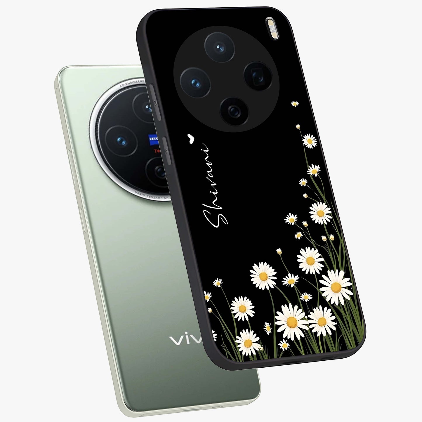Daisy Cascade Custom Name Glass Case displayed in angled mockup highlighting delicate daisy artwork with custom name feature.