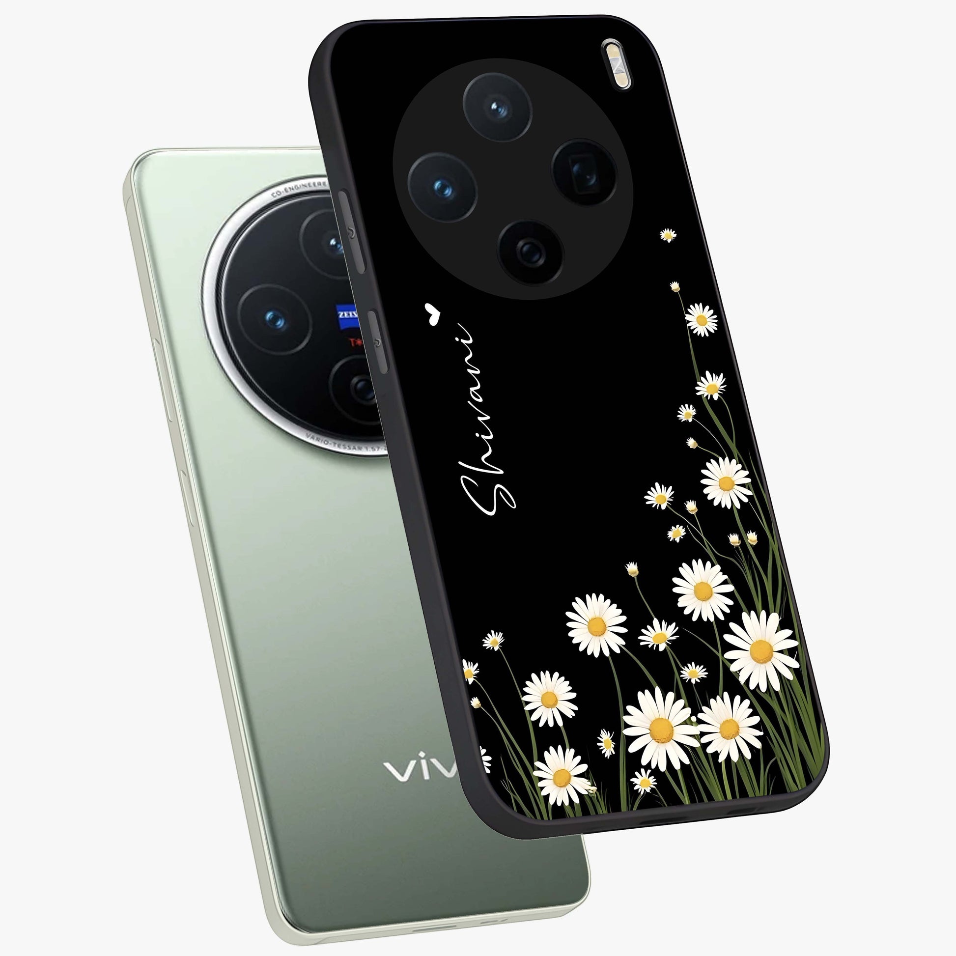 Daisy Cascade Custom Name Glass Case displayed in angled mockup highlighting delicate daisy artwork with custom name feature.