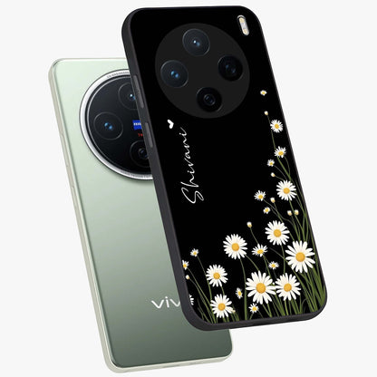 Daisy Cascade Custom Name Glass Case displayed in angled mockup highlighting delicate daisy artwork with custom name feature.