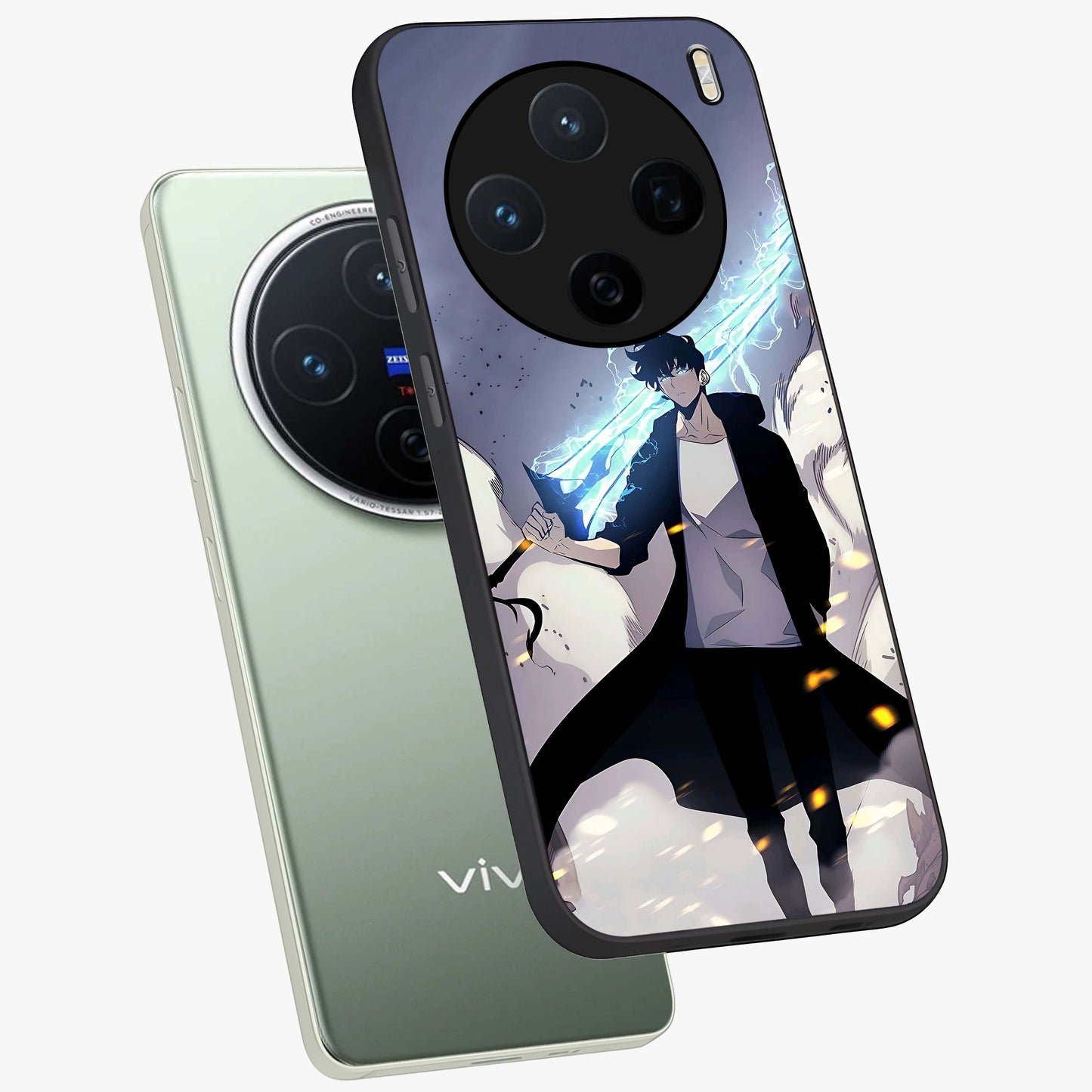 Dark Lightning Anime Warrior Glass Case displayed in angled mockup highlighting powerful lightning themed anime illustration.