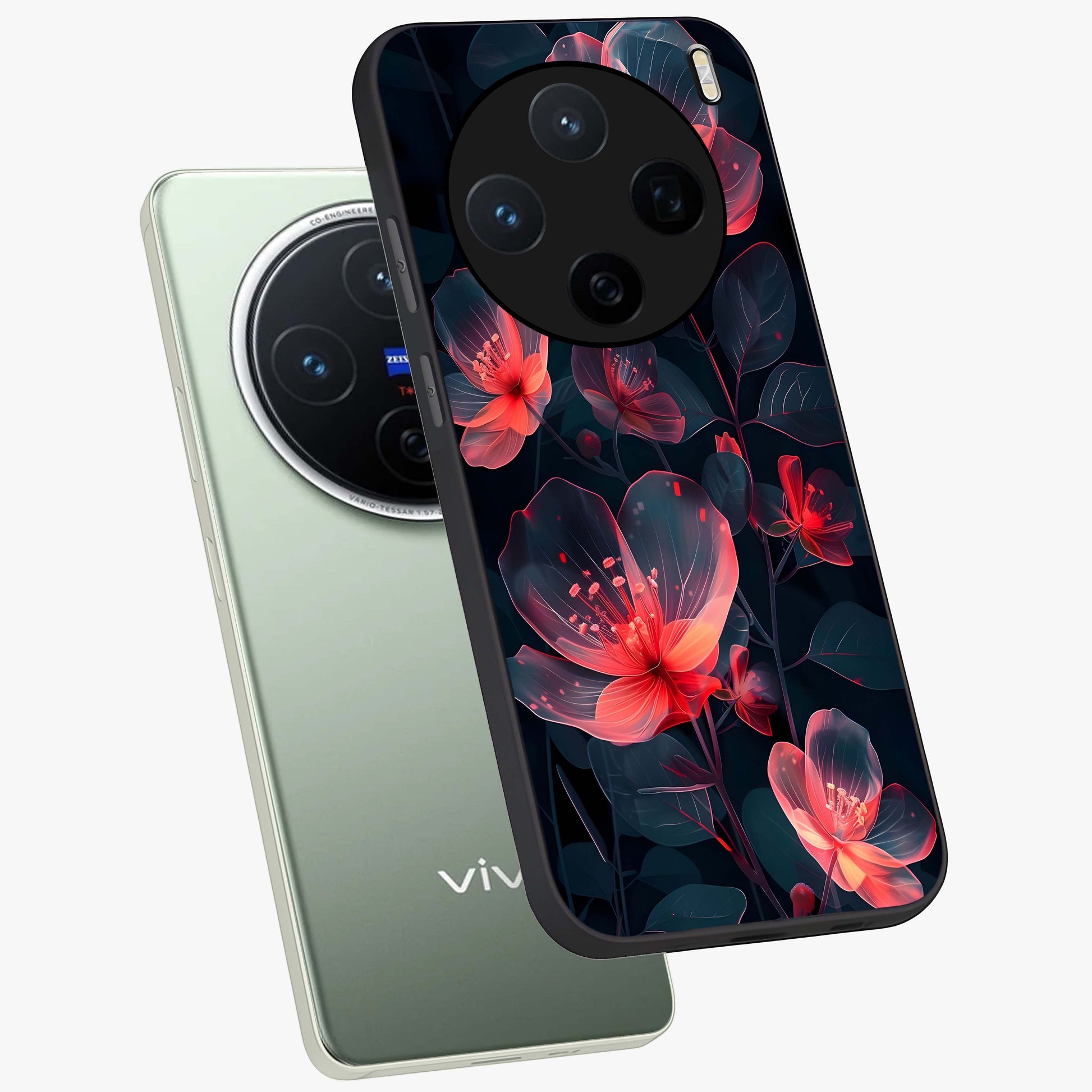 Dark Shade of Flower Glass Case displayed in angled mockup highlighting moody floral illustration with aesthetic dark tones.