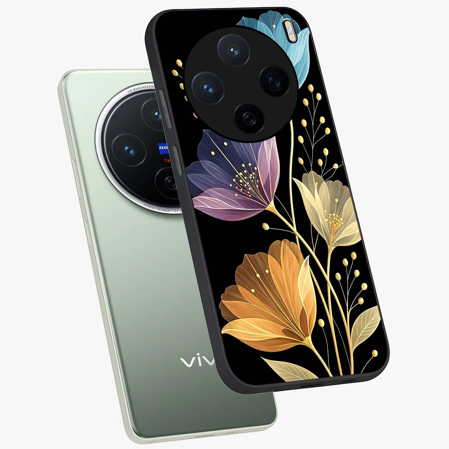 Delicate Multicolor Flowers Glass Case displayed in angled mockup highlighting colorful flower pattern with soft aesthetic style.