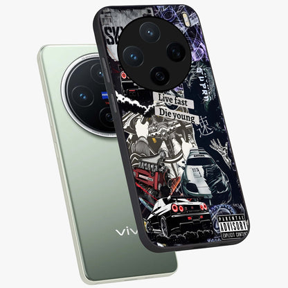Die Young Glass Case displayed in angled mockup highlighting expressive graphic artwork with edgy aesthetic style.
