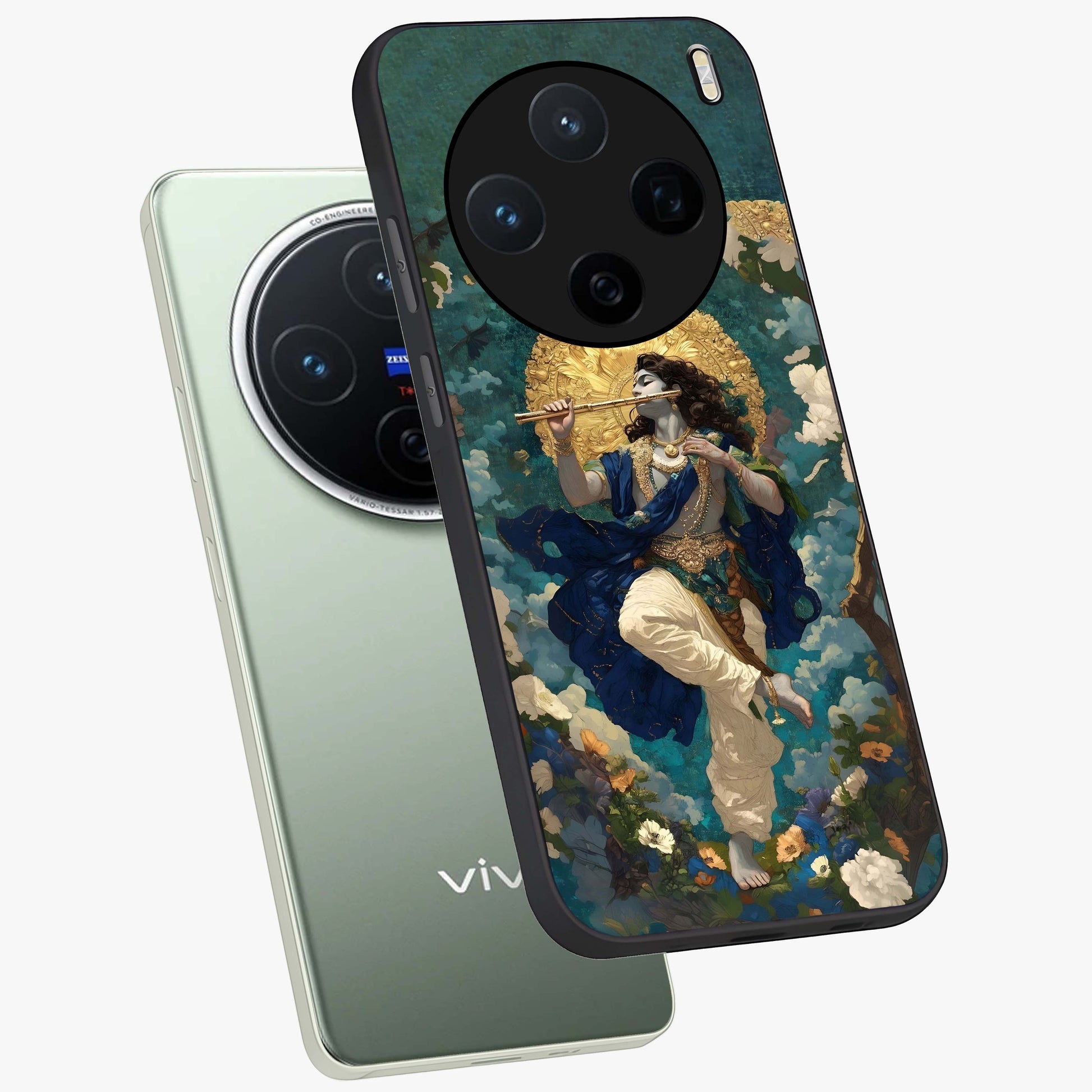 Divine Krishna Art Glass Case displayed in angled mockup highlighting spiritual Krishna illustration with devotional aesthetic.