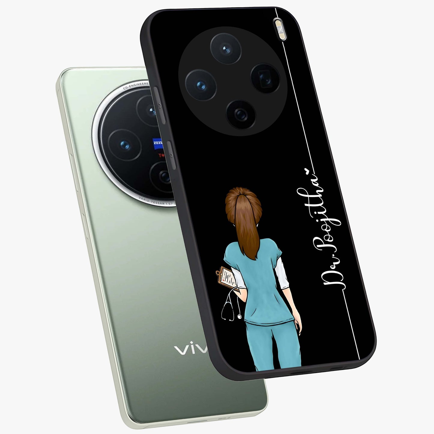 Doctor Pattern Custom Name Glass Case displayed in angled mockup highlighting doctor inspired artwork with custom name feature.