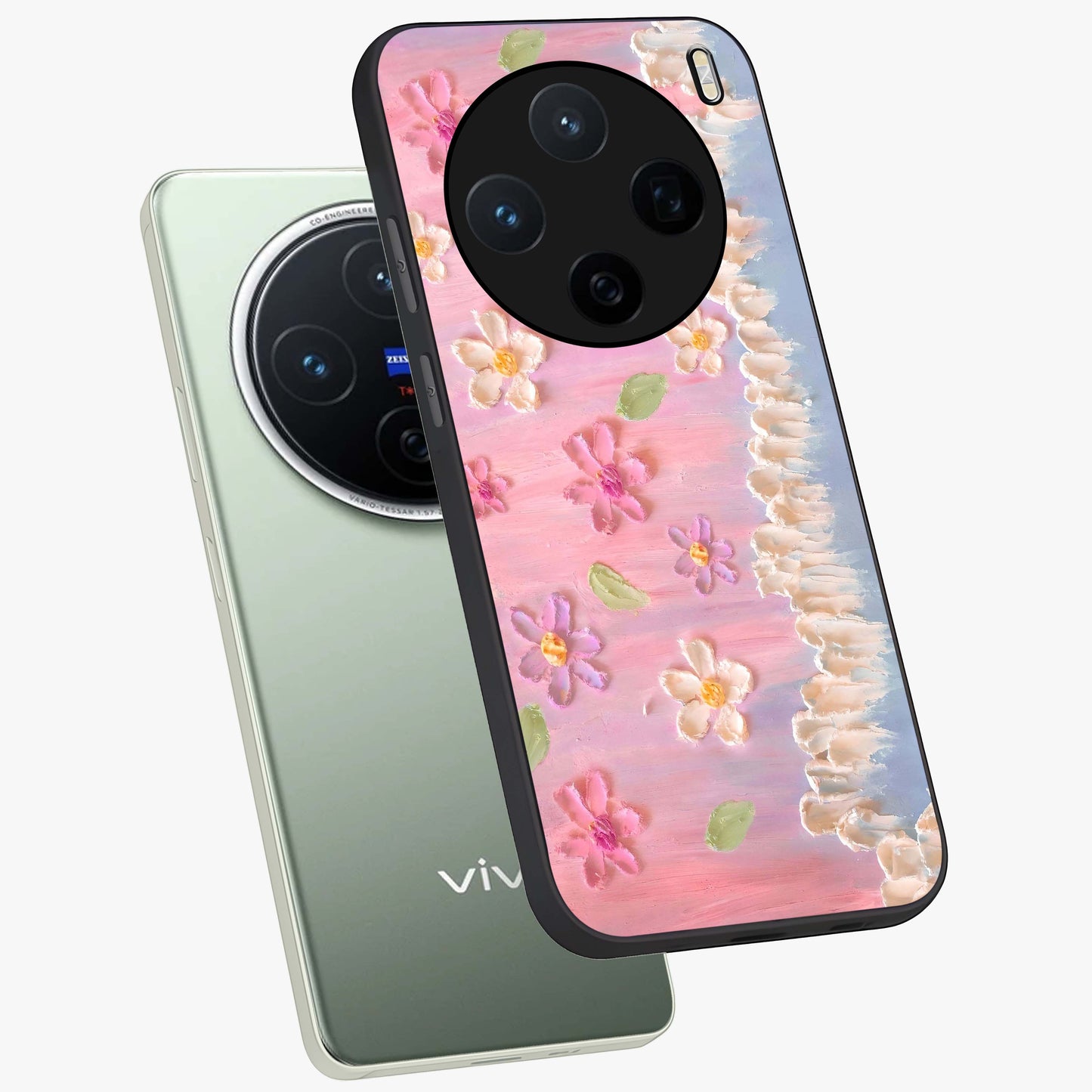 Dreamy Painted Garden Glass Case displayed in angled mockup highlighting colorful garden illustration with dreamy aesthetic style.