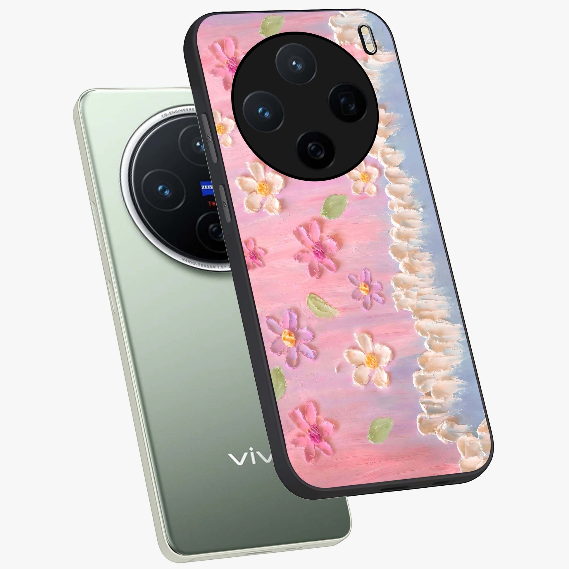 Dreamy Painted Garden Glass Case displayed in angled mockup highlighting colorful garden illustration with dreamy aesthetic style.