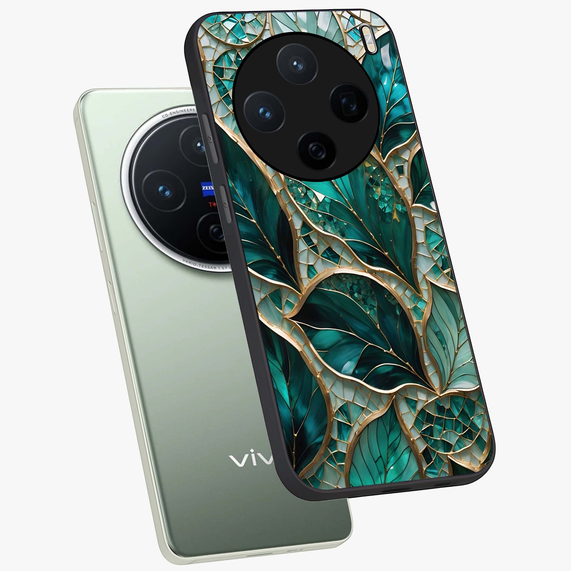 Emerald Leaf Glass Glass Case displayed in angled mockup highlighting botanical leaf illustration with elegant natural aesthetic.