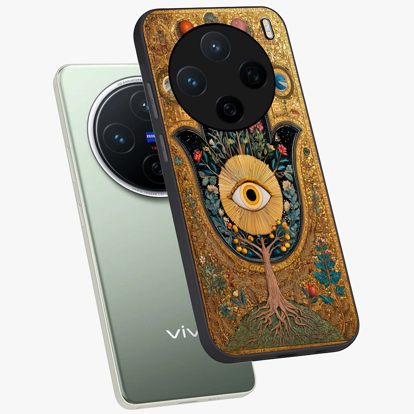Ethereal Evil Eye Glass Case displayed in angled mockup highlighting protective evil eye symbol with spiritual aesthetic design.