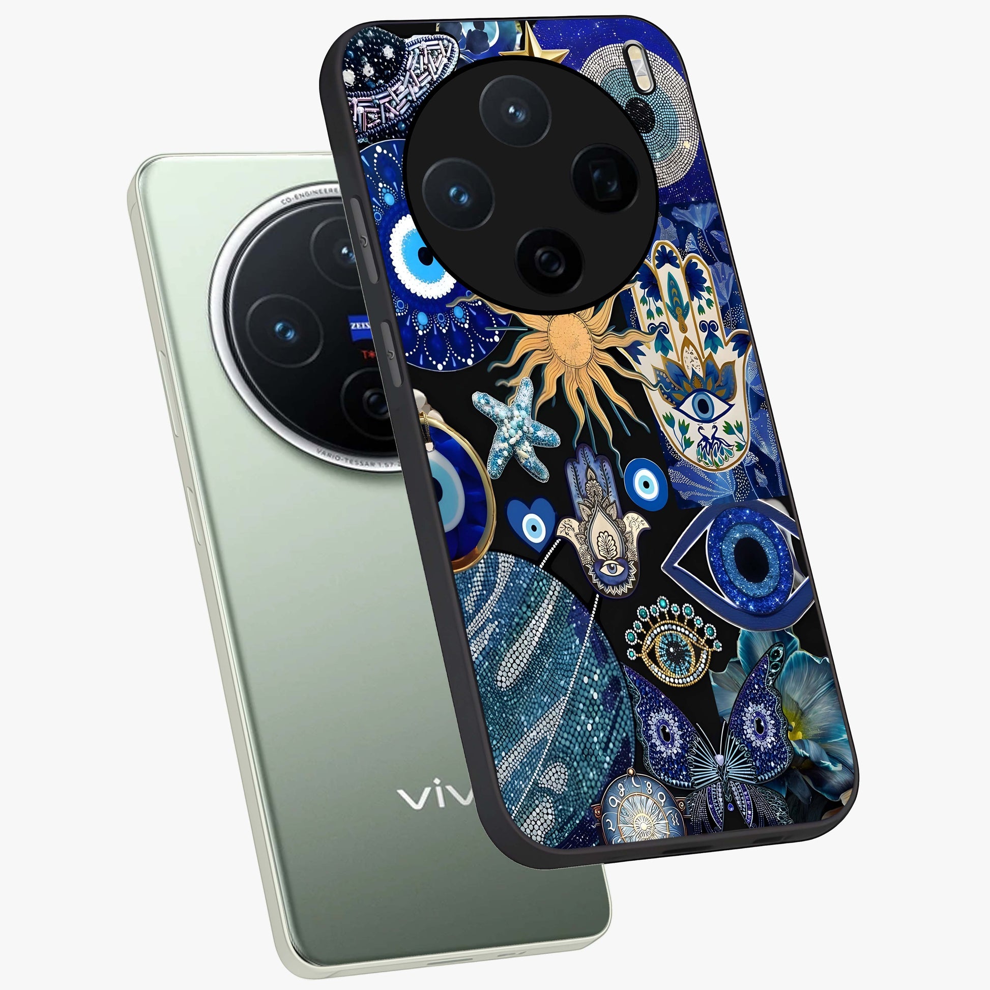 Evil Eye Charm Mix Glass Case displayed in angled mockup highlighting protective evil eye symbols with spiritual aesthetic design.