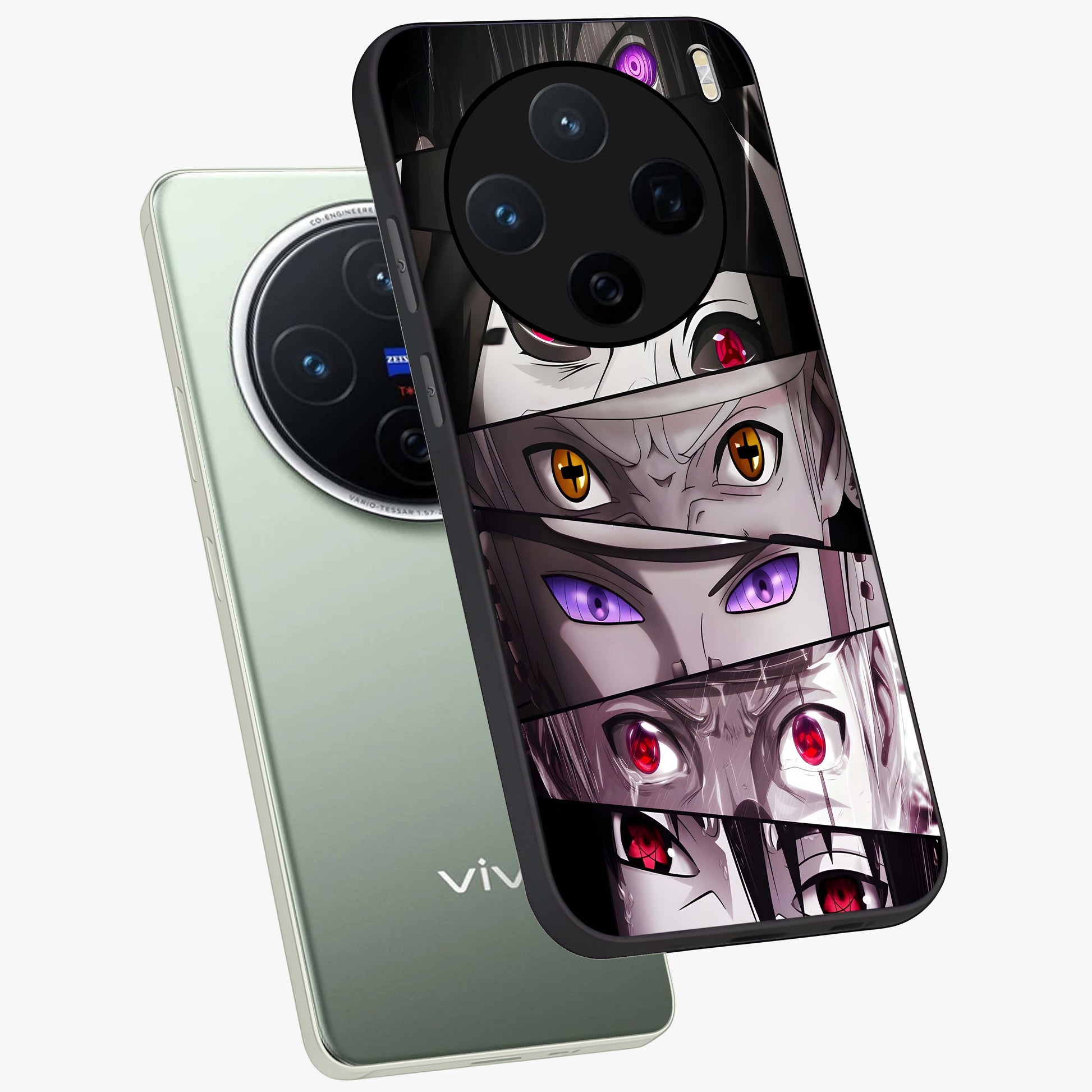 Eyes of Destiny Glass Case displayed in angled mockup highlighting bold eye illustration with mystical aesthetic style.