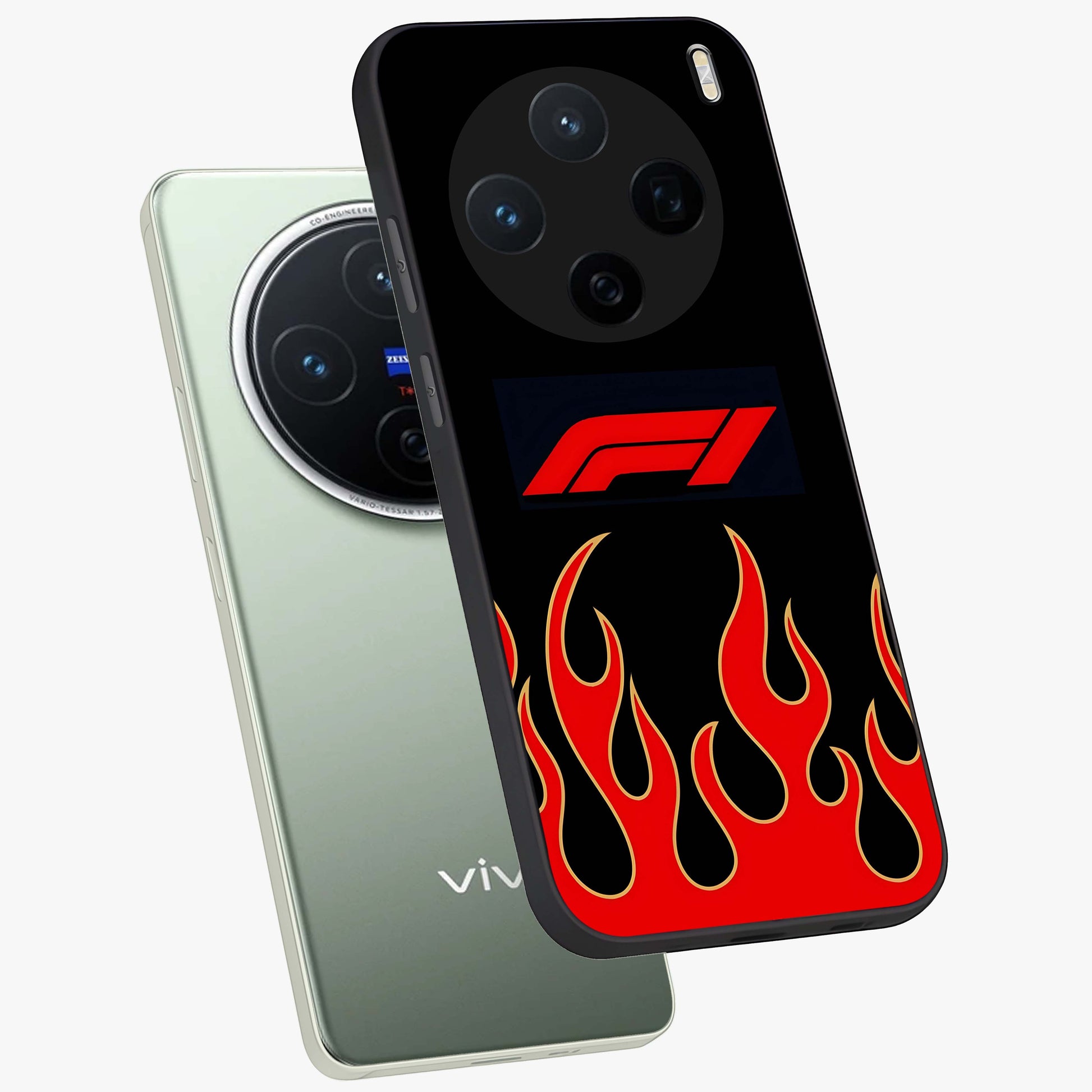 Fire F11 Glass Case displayed in angled mockup highlighting bold fire inspired graphic with energetic aesthetic style.