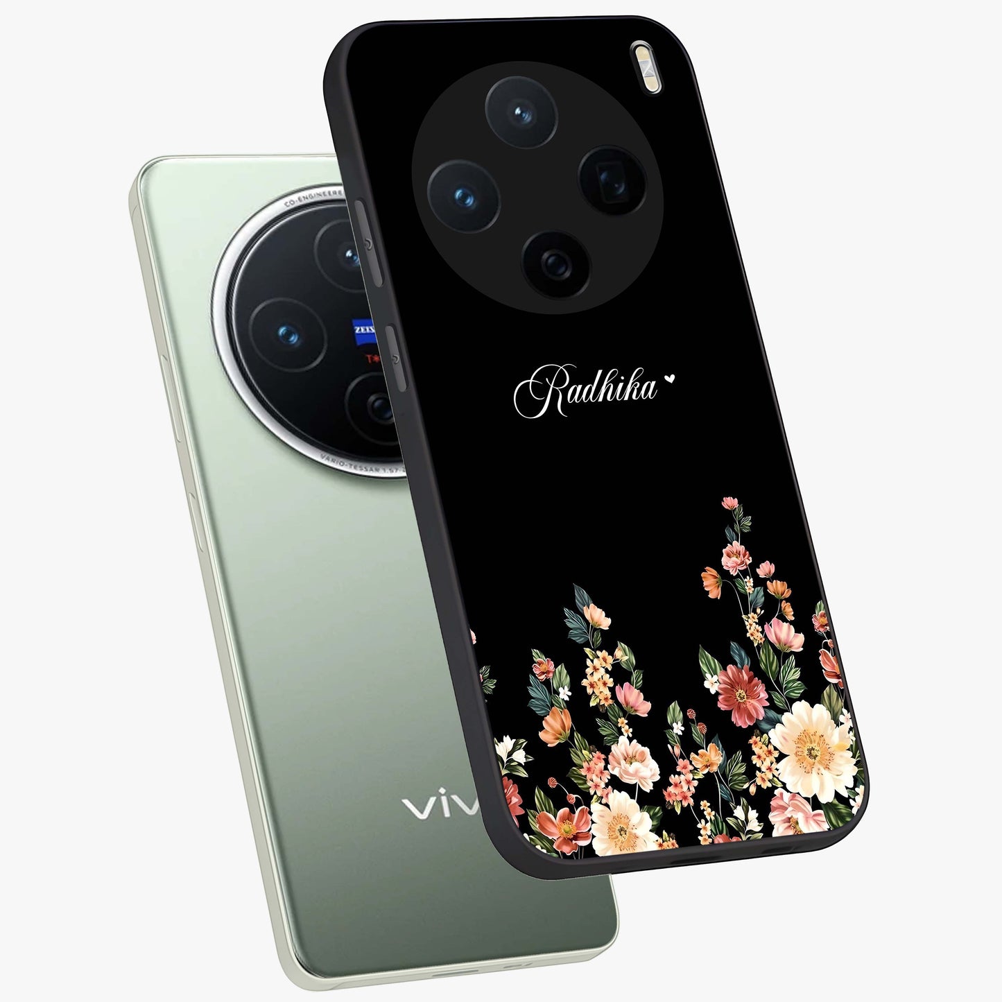 Floral Design With a Custom Personalized Name Glass Case displayed in angled mockup highlighting elegant floral pattern with custom name feature.