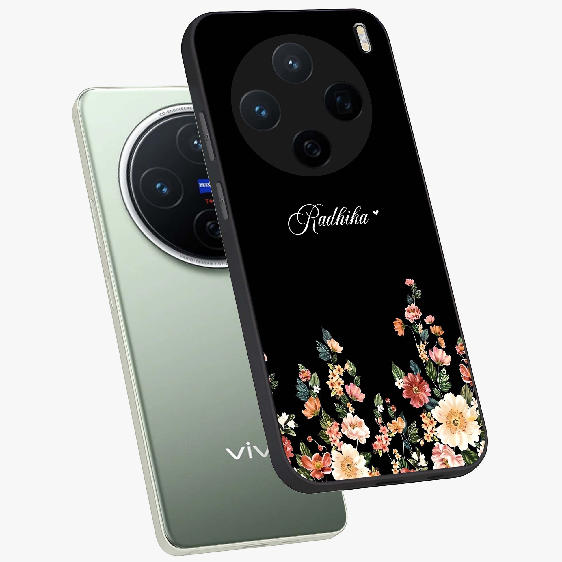 Floral Design With a Custom Personalized Name Glass Case displayed in angled mockup highlighting elegant floral pattern with custom name feature.
