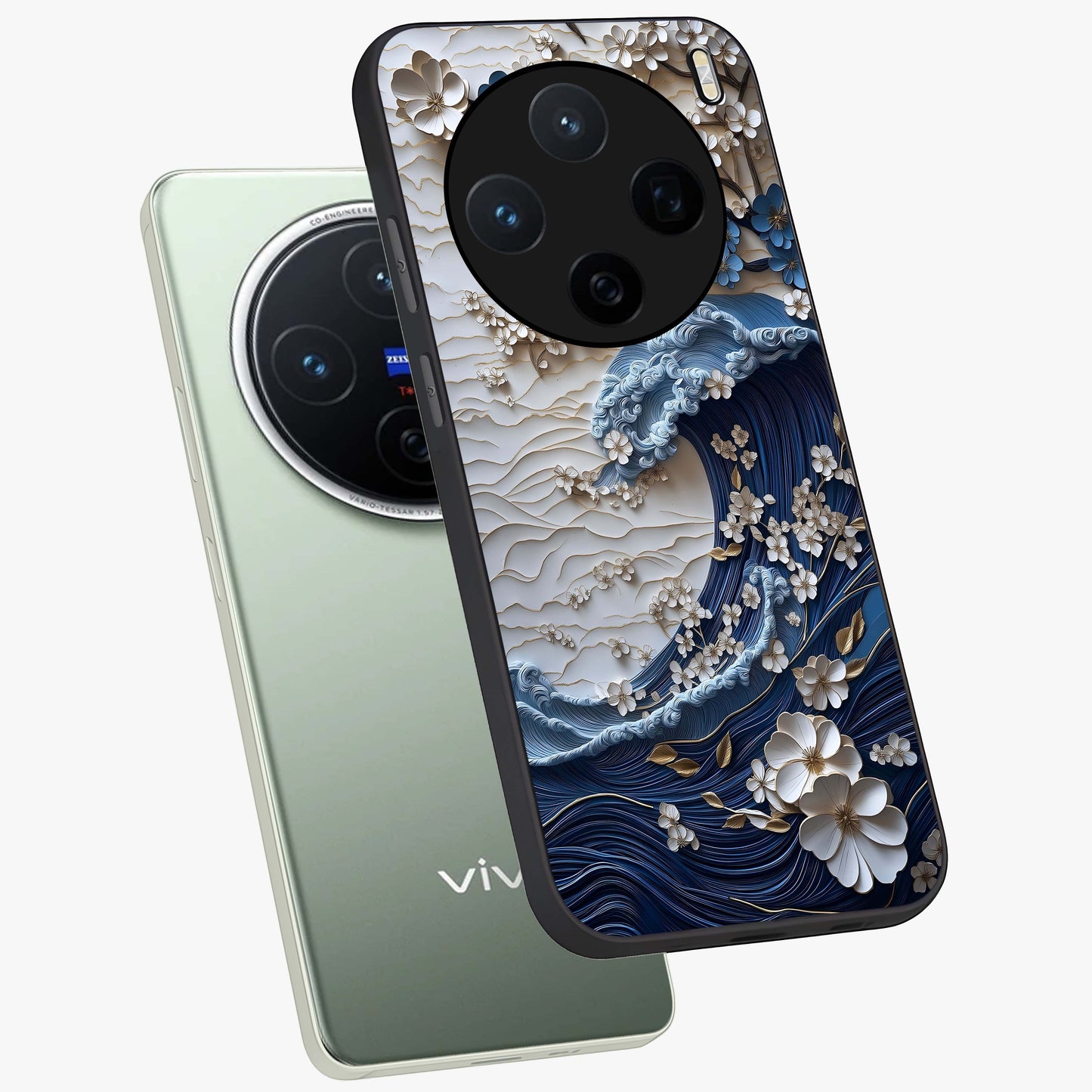 Floral Wave Origami Glass Case displayed in angled mockup highlighting geometric origami flower design with modern aesthetic style.