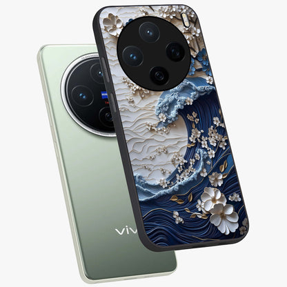 Floral Wave Origami Glass Case displayed in angled mockup highlighting geometric origami flower design with modern aesthetic style.