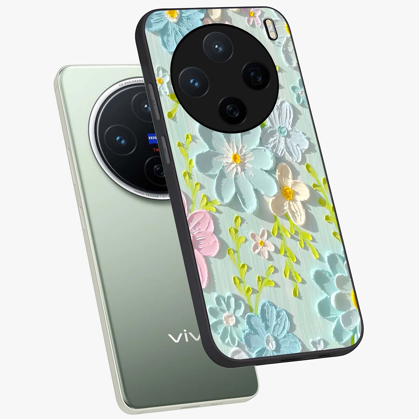 Frosted Petal Garden Glass Case displayed in angled mockup highlighting delicate flower petal design with calm garden aesthetic.
