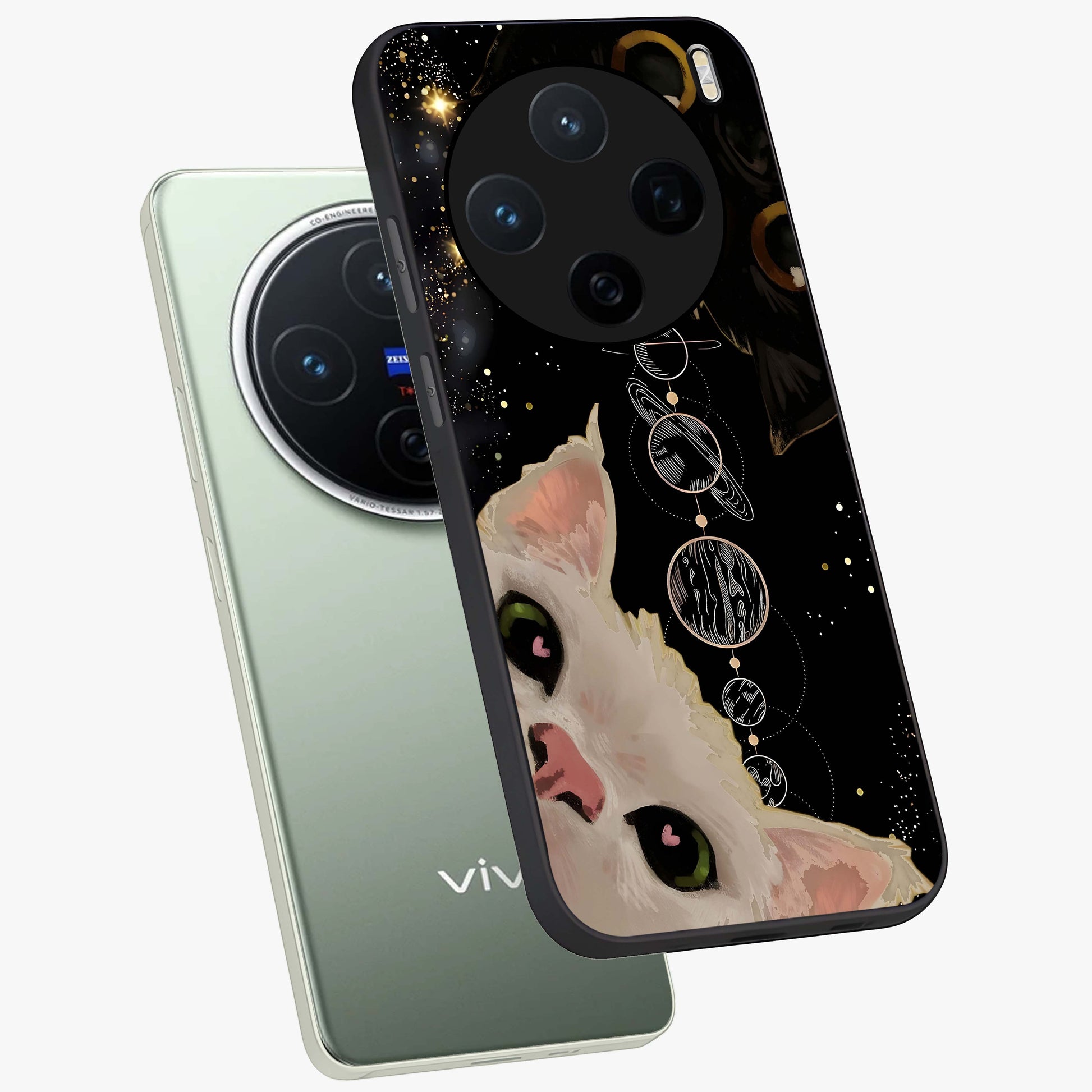 Galactic Cat Glass Case displayed in angled mockup highlighting celestial feline illustration with galaxy aesthetic style.