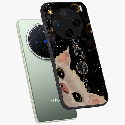 Galactic Cat Glass Case displayed in angled mockup highlighting celestial feline illustration with galaxy aesthetic style.