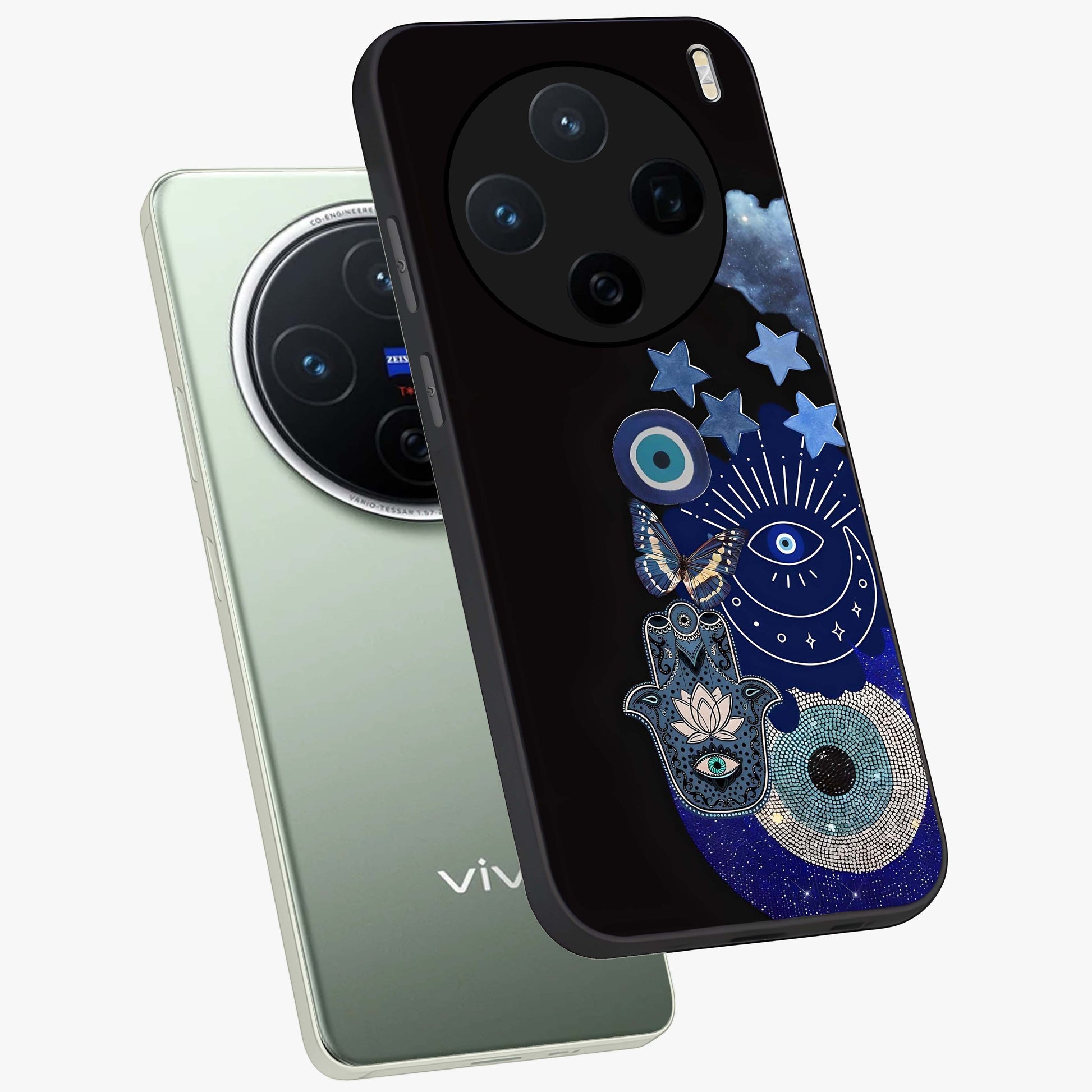 Galactic Charm Cluster Glass Case displayed in angled mockup highlighting luminous galaxy inspired design with dreamy aesthetic.