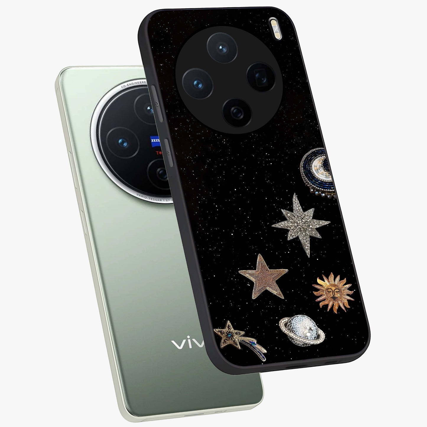 Galactic Charm Glow Glass Case displayed in angled mockup highlighting luminous galaxy inspired design with dreamy aesthetic.