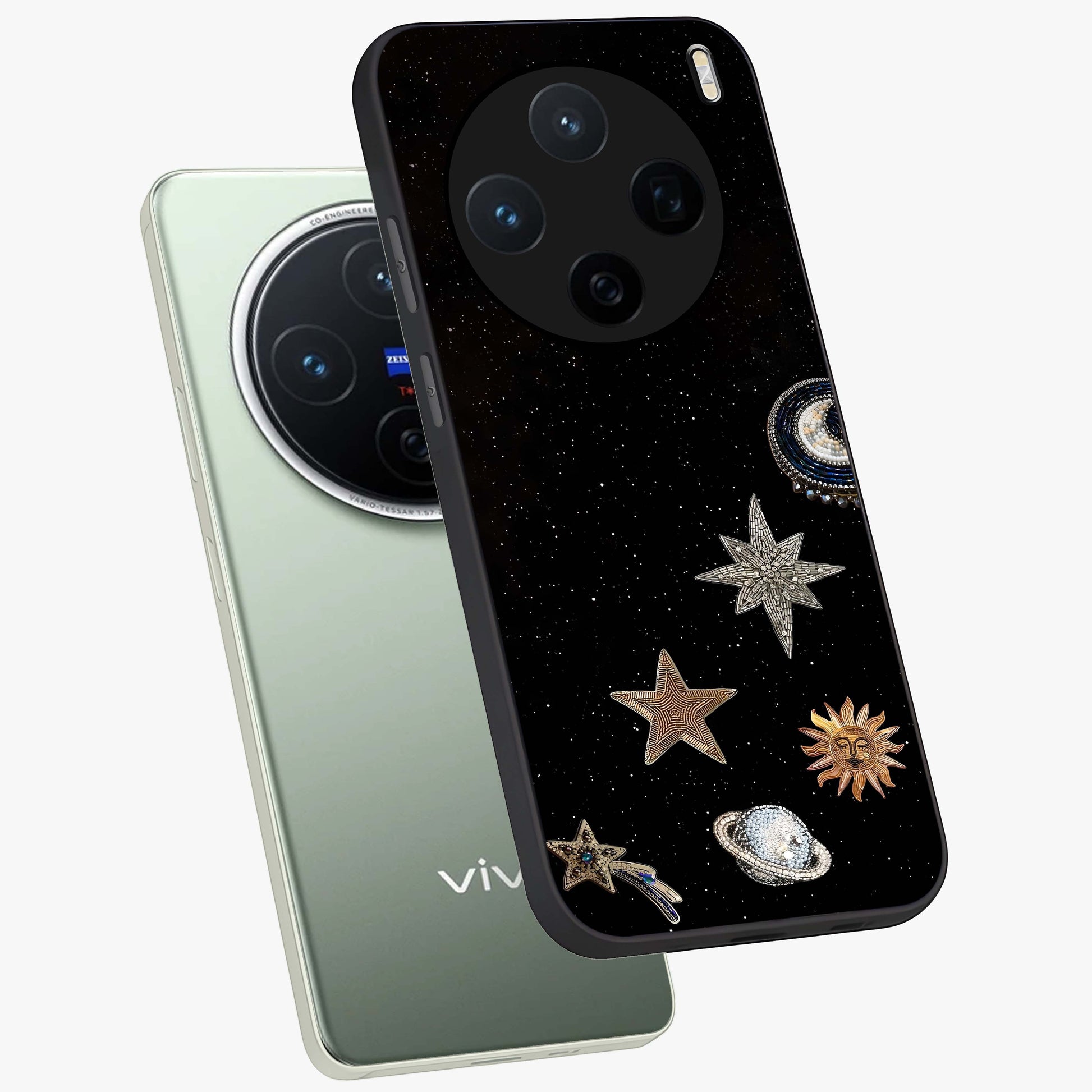 Galactic Charm Glow Glass Case displayed in angled mockup highlighting luminous galaxy inspired design with dreamy aesthetic.