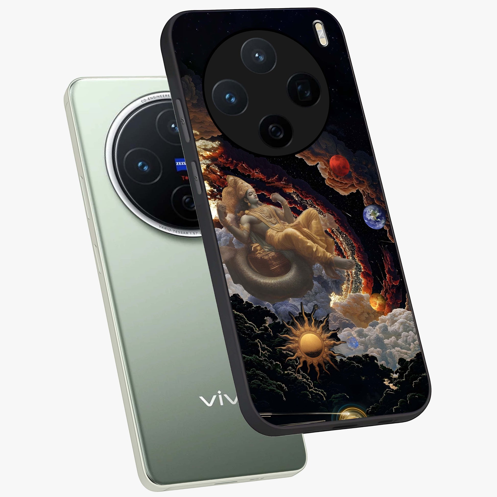 Galactic Divine God Glass Case displayed in angled mockup highlighting powerful celestial deity illustration with galactic aesthetic.