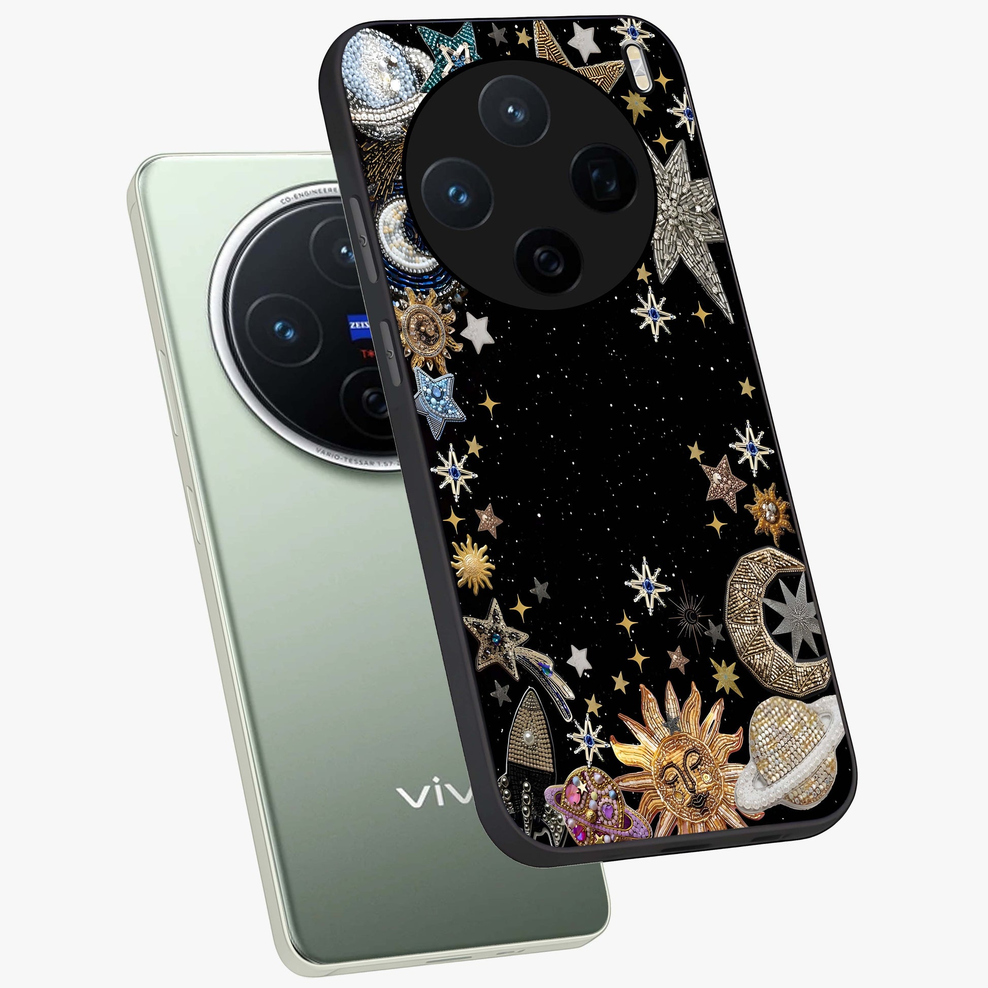 Galactic Jewel Stars Glass Case displayed in angled mockup highlighting shining celestial star design with cosmic aesthetic style.