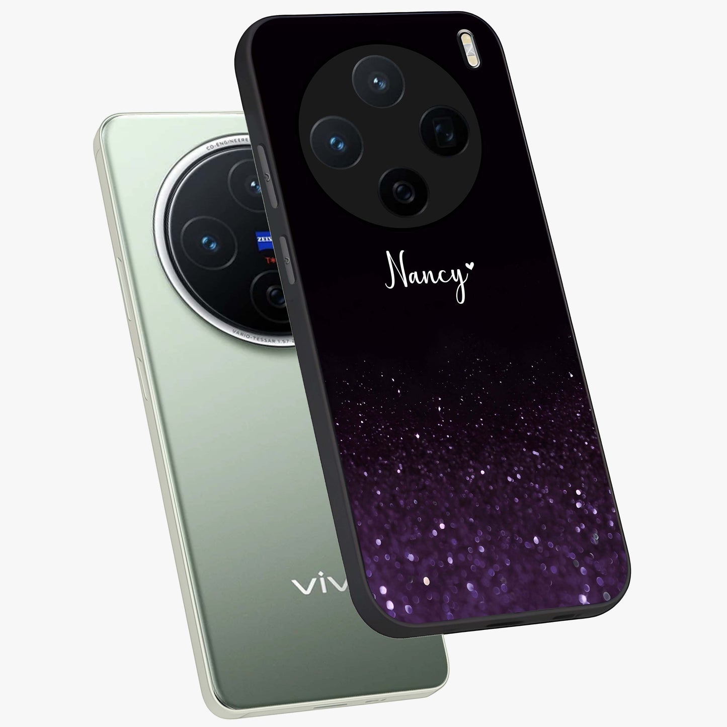 Glittery Purple Bokeh Custom Name Glass Case displayed in angled mockup highlighting glitter bokeh pattern with custom name feature.