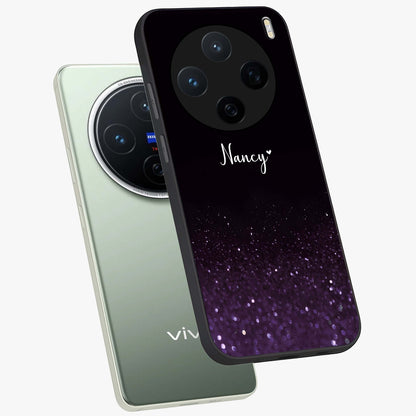 Glittery Purple Bokeh Custom Name Glass Case displayed in angled mockup highlighting glitter bokeh pattern with custom name feature.