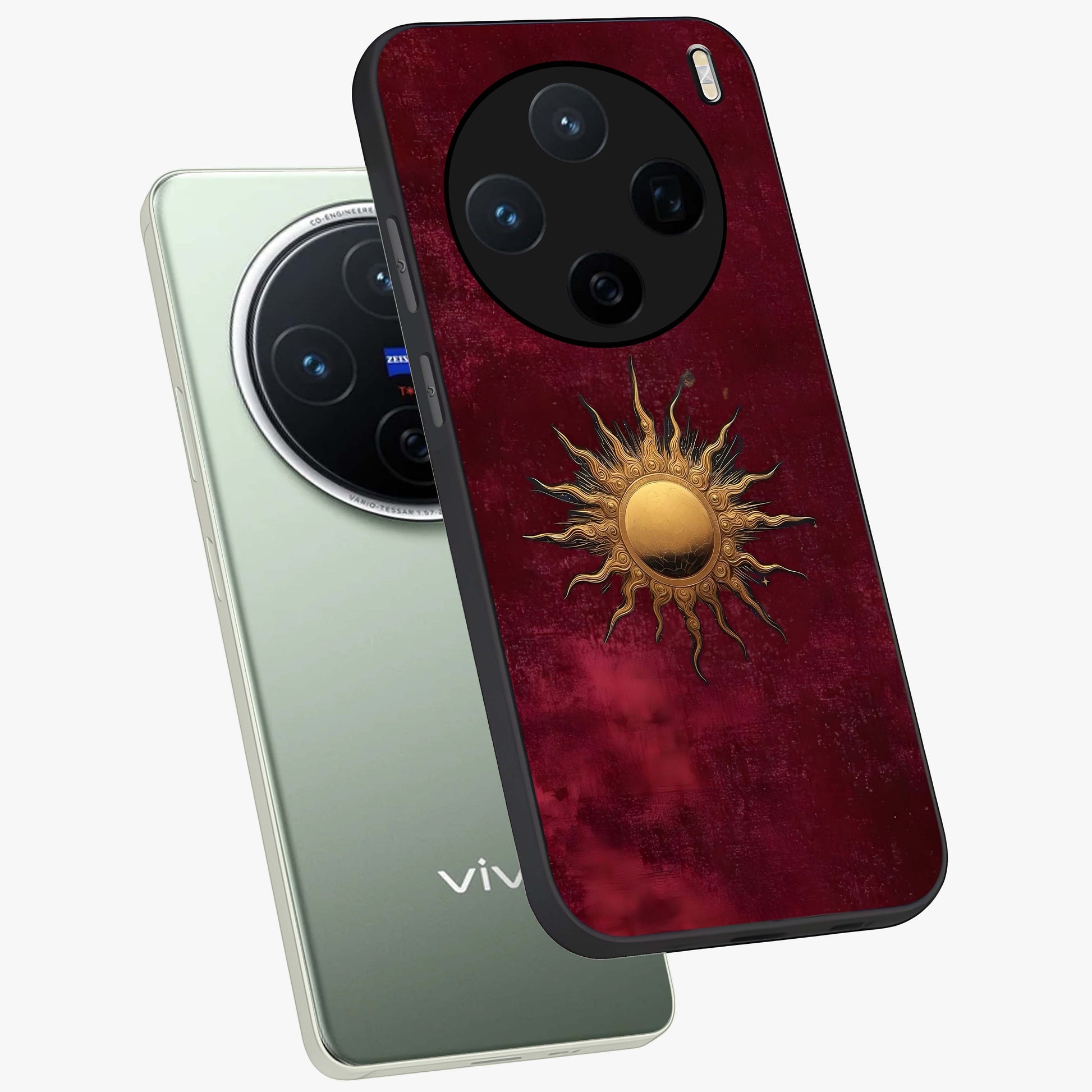Golden Sun Minimalism Glass Case displayed in angled mockup highlighting clean sun symbol design with modern minimal aesthetic.