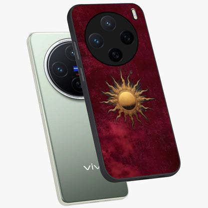 Golden Sun Minimalism Glass Case displayed in angled mockup highlighting clean sun symbol design with modern minimal aesthetic.
