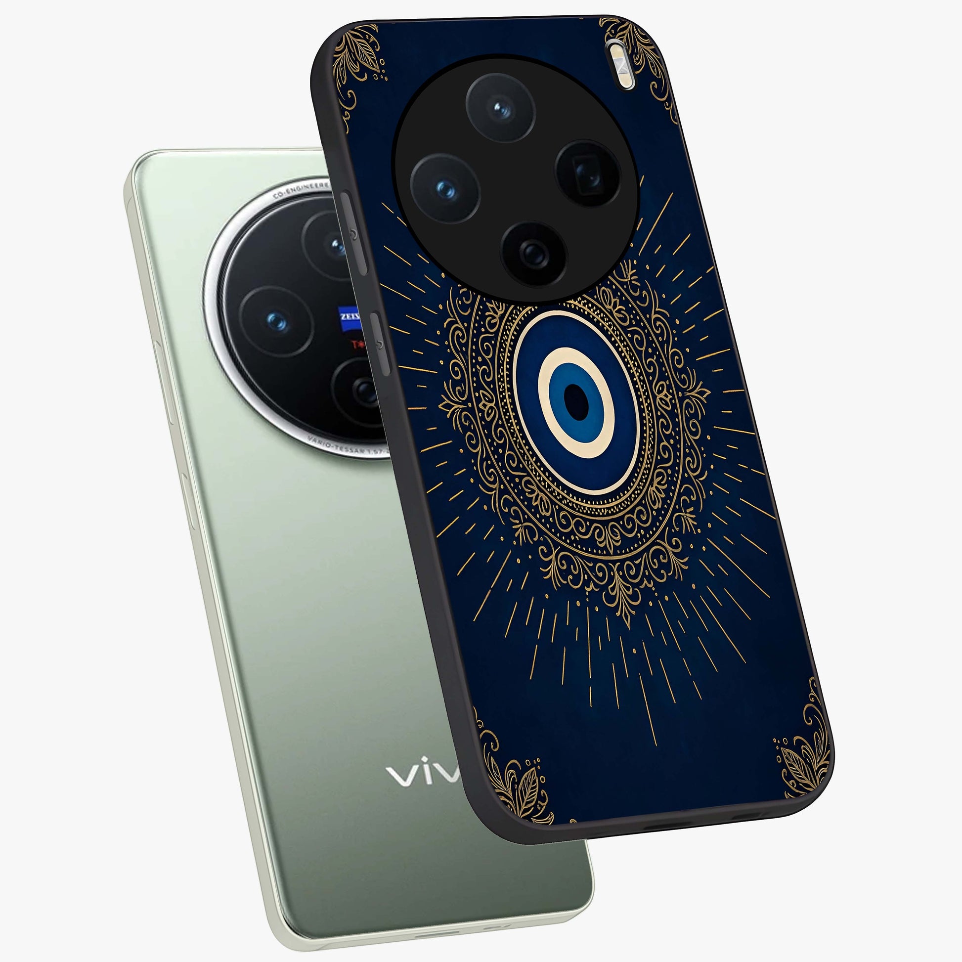 Golden Celestial Charm Glass Case displayed in angled mockup highlighting sparkling cosmic charm design with celestial aesthetic.