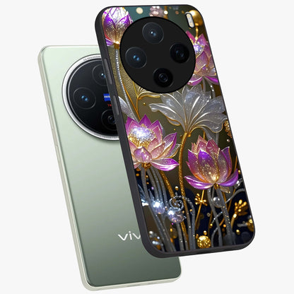 Golden Floral Majesty Glass Case displayed in angled mockup highlighting elegant flower design with royal golden aesthetic.