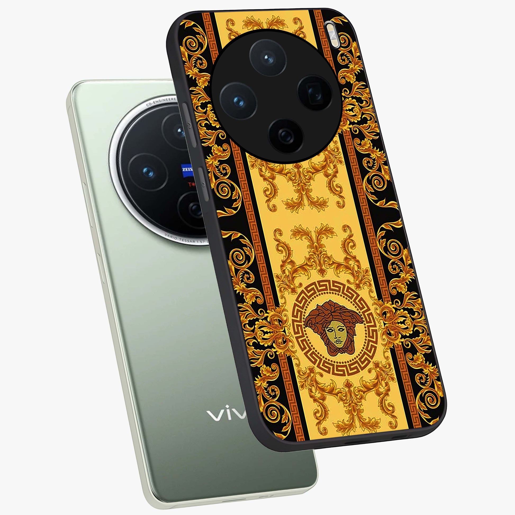 Golden Lotus Glow Glass Case displayed in angled mockup highlighting radiant lotus illustration with spiritual aesthetic.
