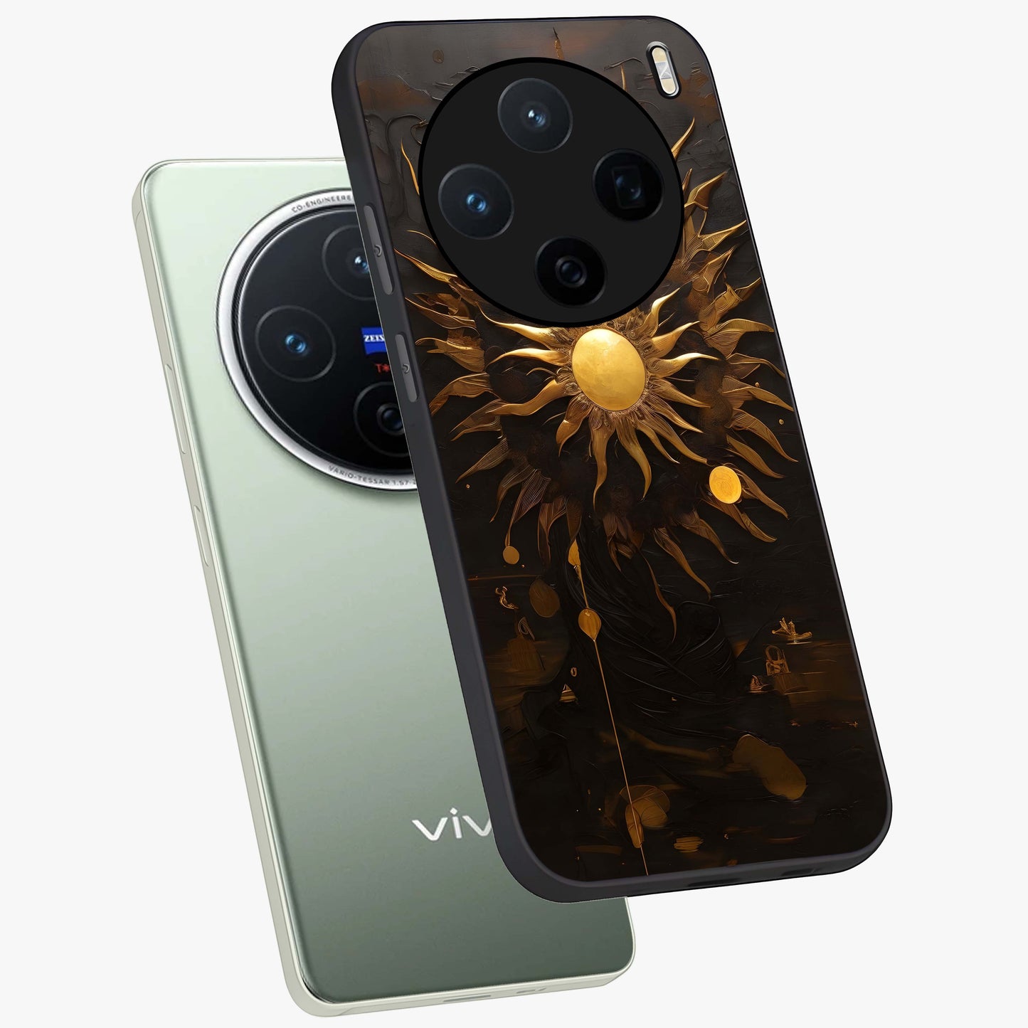 Golden Sun Majesty Glass Case displayed in angled mockup highlighting eerie shadow illustration with gothic aesthetic.