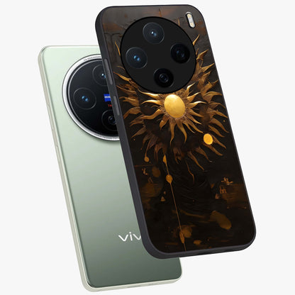 Golden Sun Majesty Glass Case displayed in angled mockup highlighting eerie shadow illustration with gothic aesthetic.