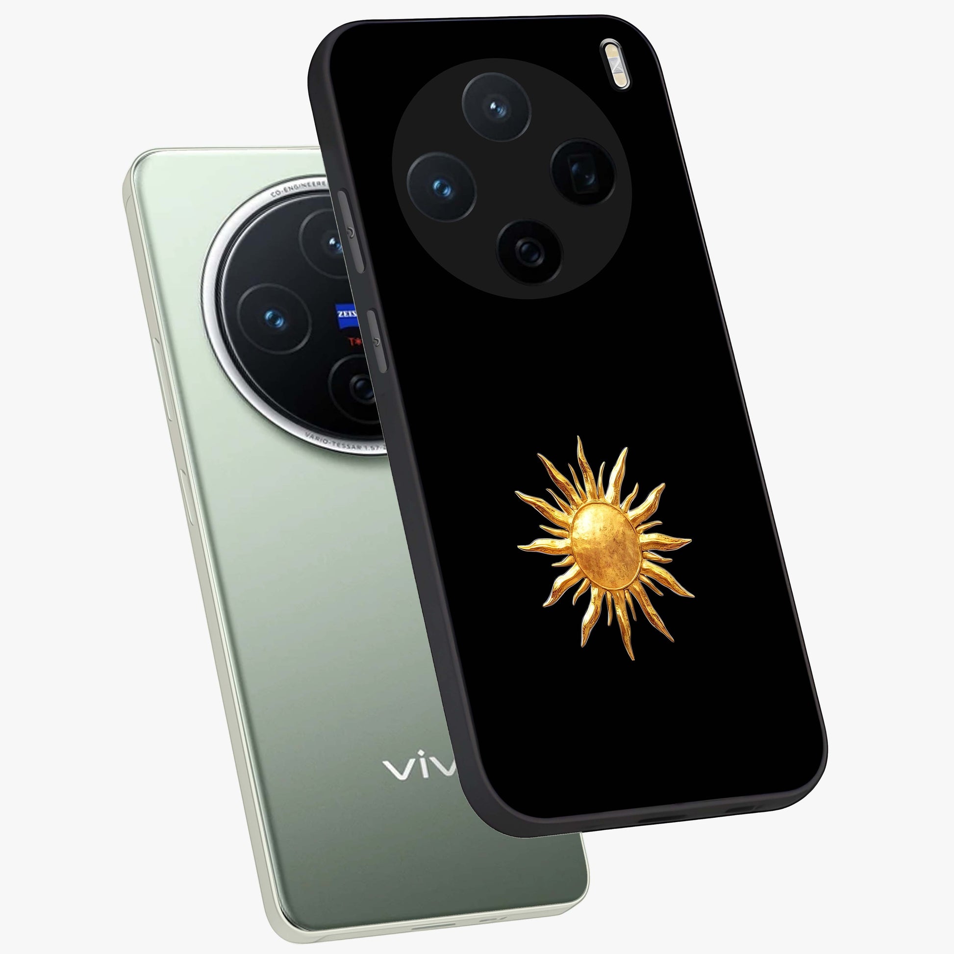Golden Sun Minimalism Glass Case displayed in angled mockup highlighting eerie shadow illustration with gothic aesthetic.