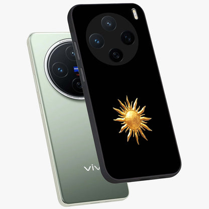 Golden Sun Minimalism Glass Case displayed in angled mockup highlighting eerie shadow illustration with gothic aesthetic.