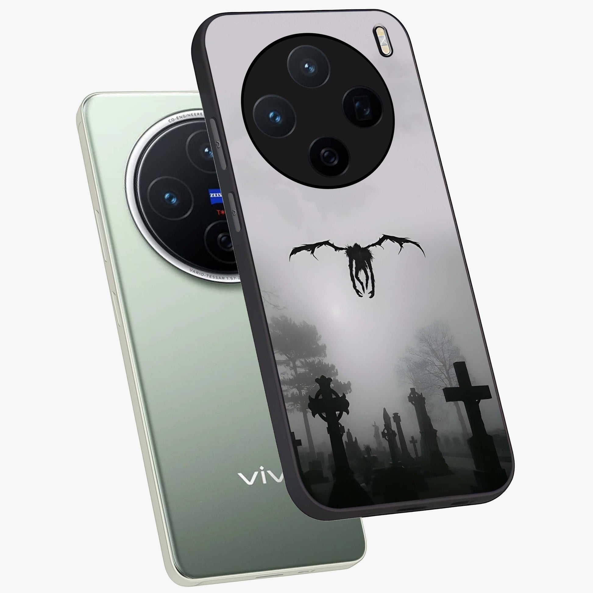 Graveyard Shadow Descent Glass Case displayed in angled mockup highlighting eerie shadow illustration with gothic aesthetic.