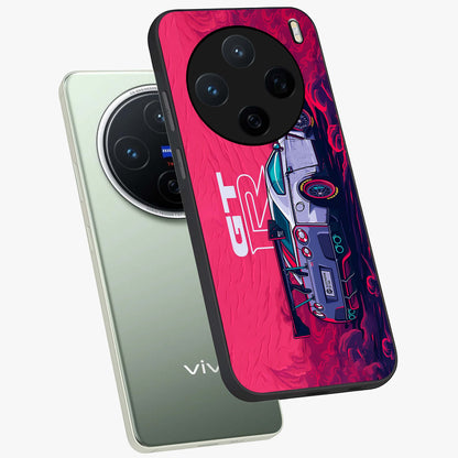 GT-R Car Pattern Glass Case displayed in angled mockup highlighting racing car graphic design with bold automotive aesthetic.