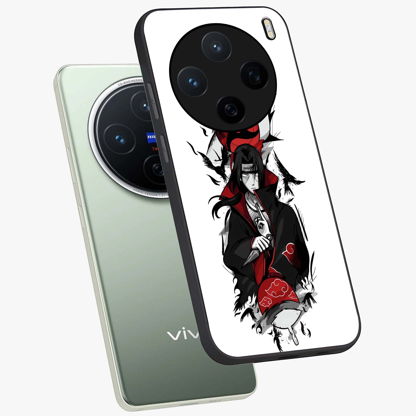 Itachi Limited Edition Naruto Anime Glass Case displayed in angled mockup highlighting dramatic anime illustration with bold action aesthetic.