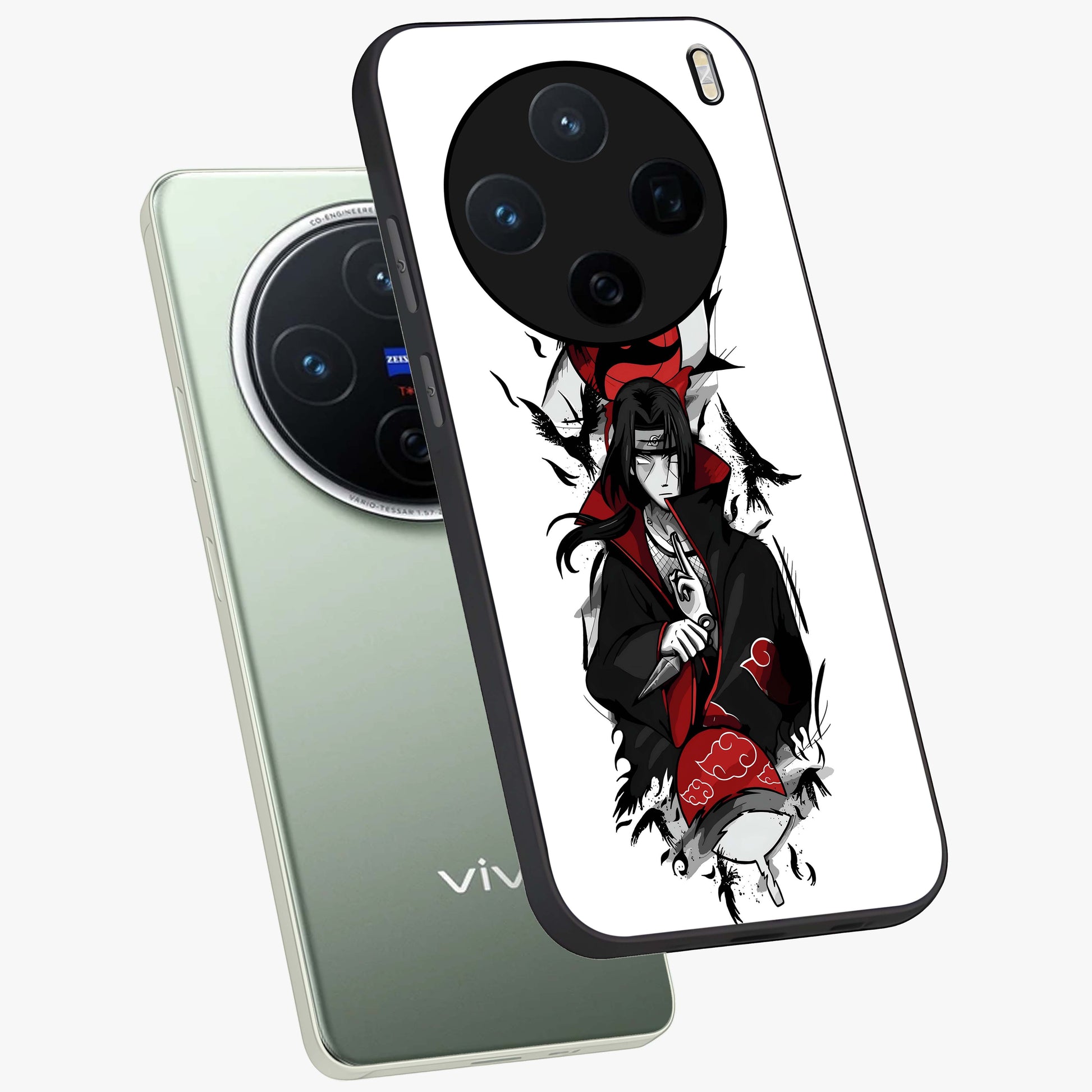Itachi Limited Edition Naruto Anime Glass Case displayed in angled mockup highlighting dramatic anime illustration with bold action aesthetic.