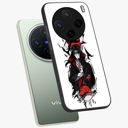 Itachi Limited Edition Naruto Anime Glass Case displayed in angled mockup highlighting dramatic anime illustration with bold action aesthetic.
