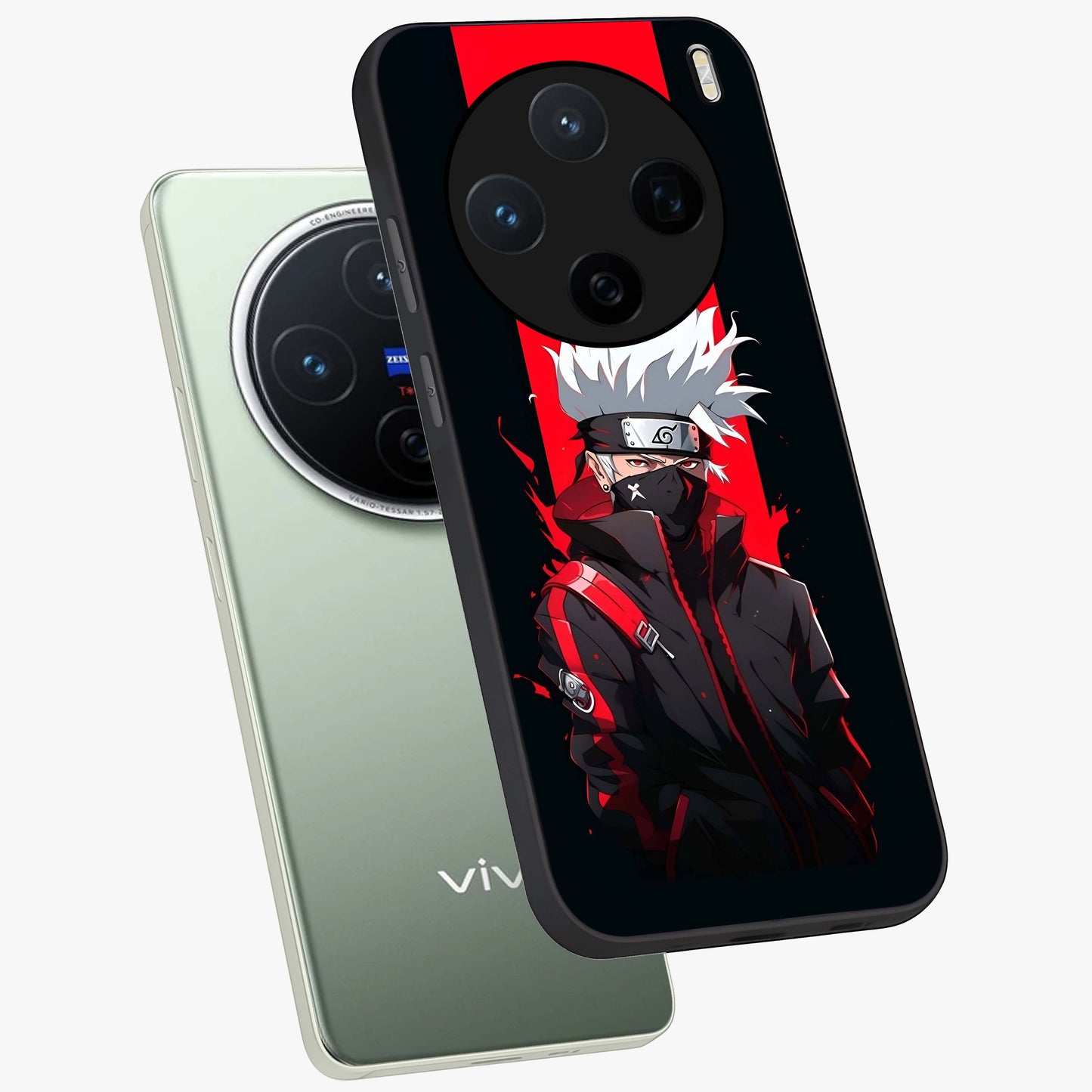 Kakashi Scarlet Shadow Glass Case displayed in angled mockup highlighting dramatic ninja illustration with scarlet themed aesthetic.