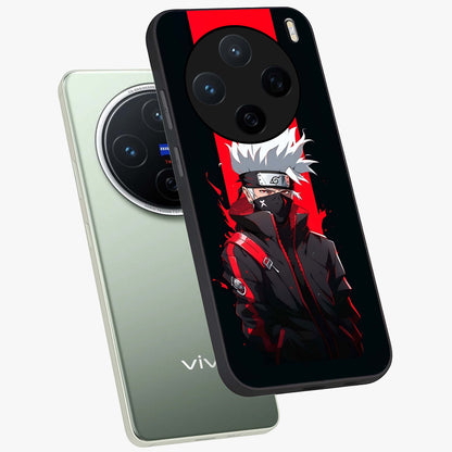 Kakashi Scarlet Shadow Glass Case displayed in angled mockup highlighting dramatic ninja illustration with scarlet themed aesthetic.