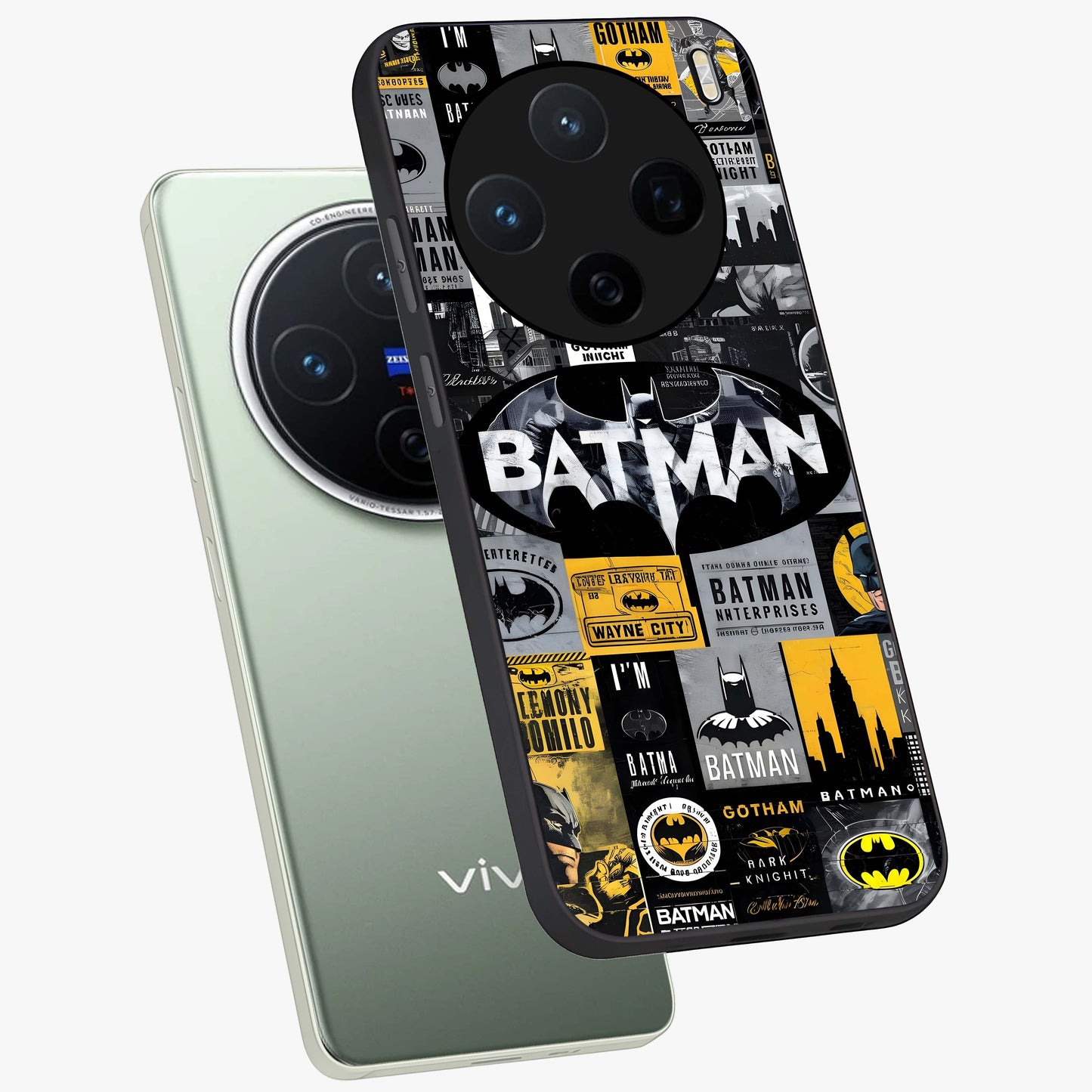 Knight Gotham Rise Glass Case displayed in angled mockup highlighting powerful knight silhouette design with dramatic aesthetic.