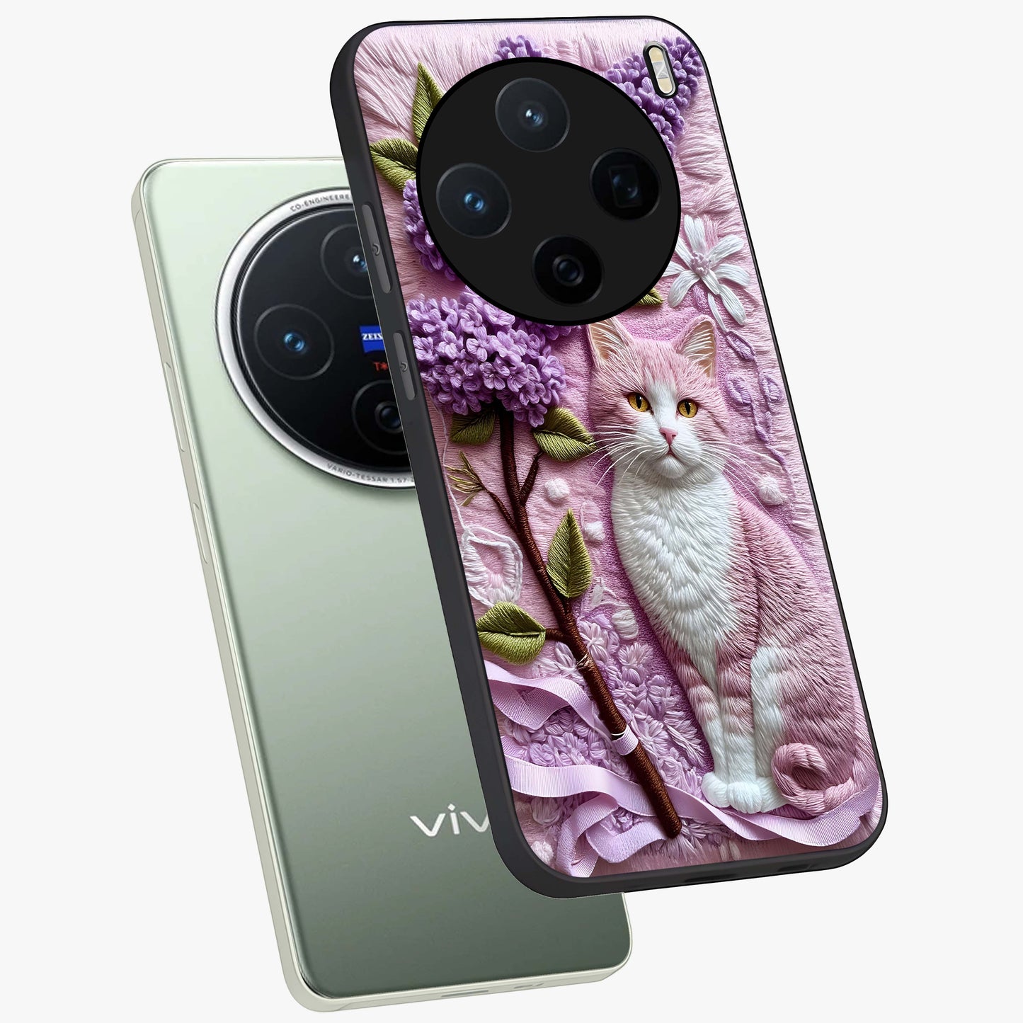 Lavender Cat Whimsy Glass Case displayed in angled mockup highlighting playful feline illustration with pastel lavender aesthetic.