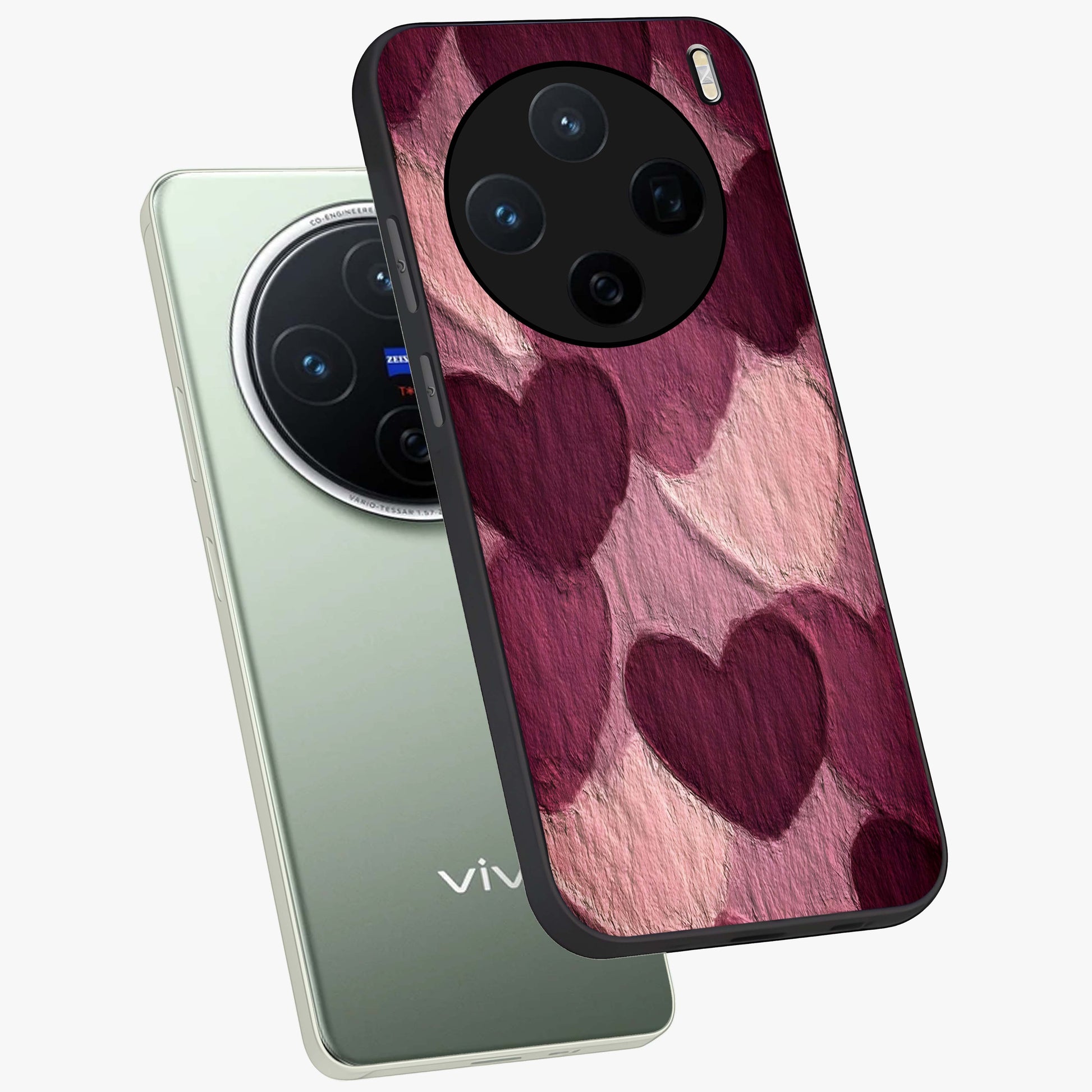 Layered Paper Hearts Glass Case displayed in angled mockup highlighting creative paper craft heart design with romantic aesthetic.